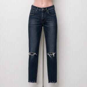 R13 High Rise Aiden Black Stone Wash Skinny Jeans Distressed Knees & Hem Size 26